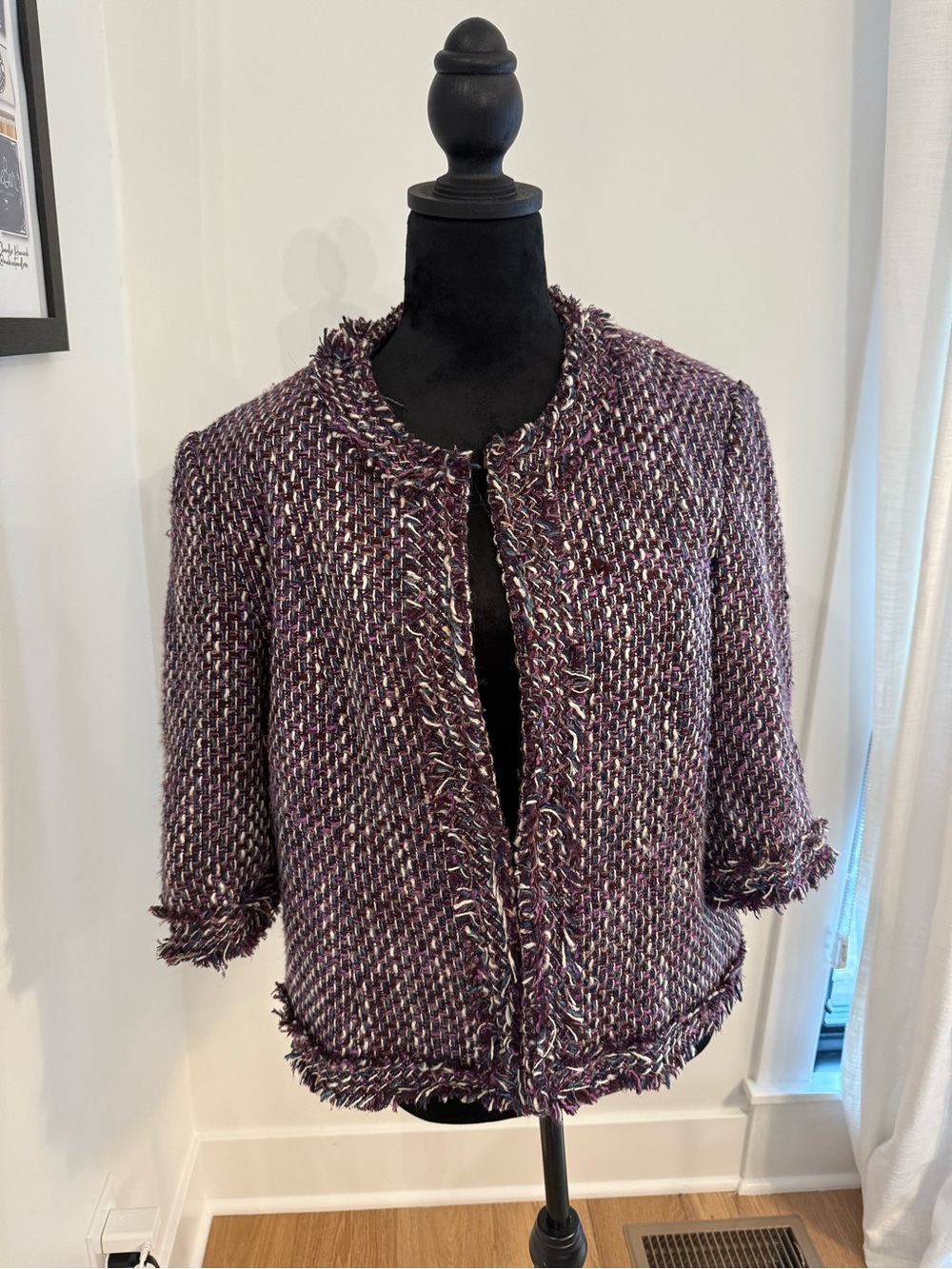 Alfred Dunner Purple Multicolor Tweed Fringe Jacket Size 12
